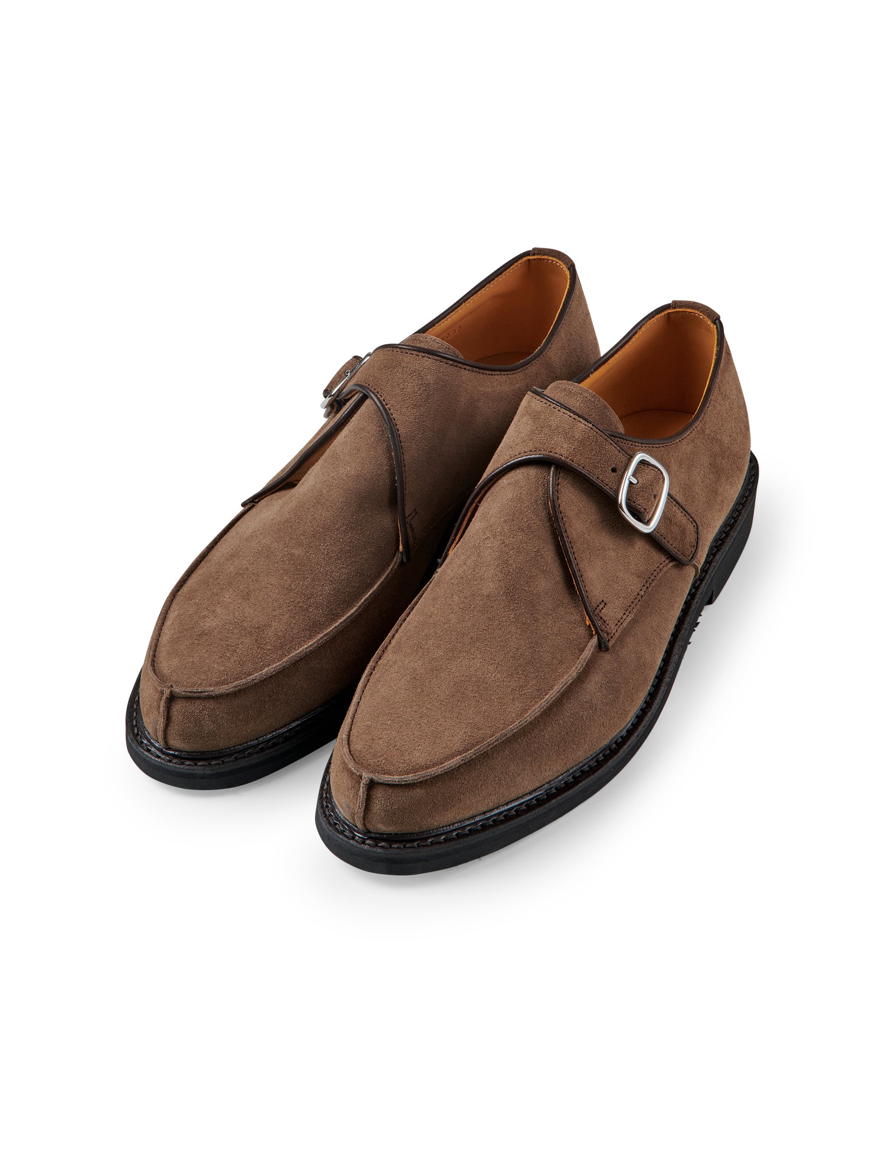 Taupe-colored suede monk with Norwegian seam and all-weather sole